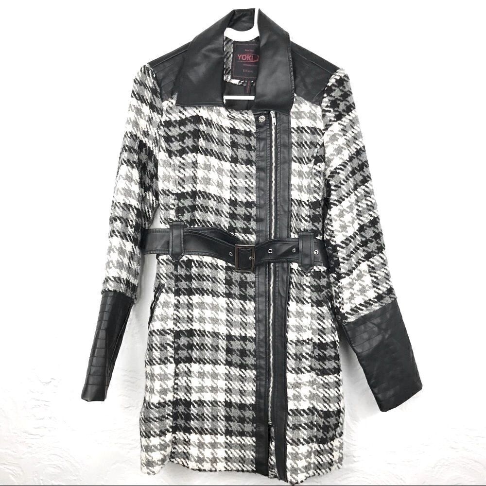 Yoki black grey plaid faux leather long belted statement coat
